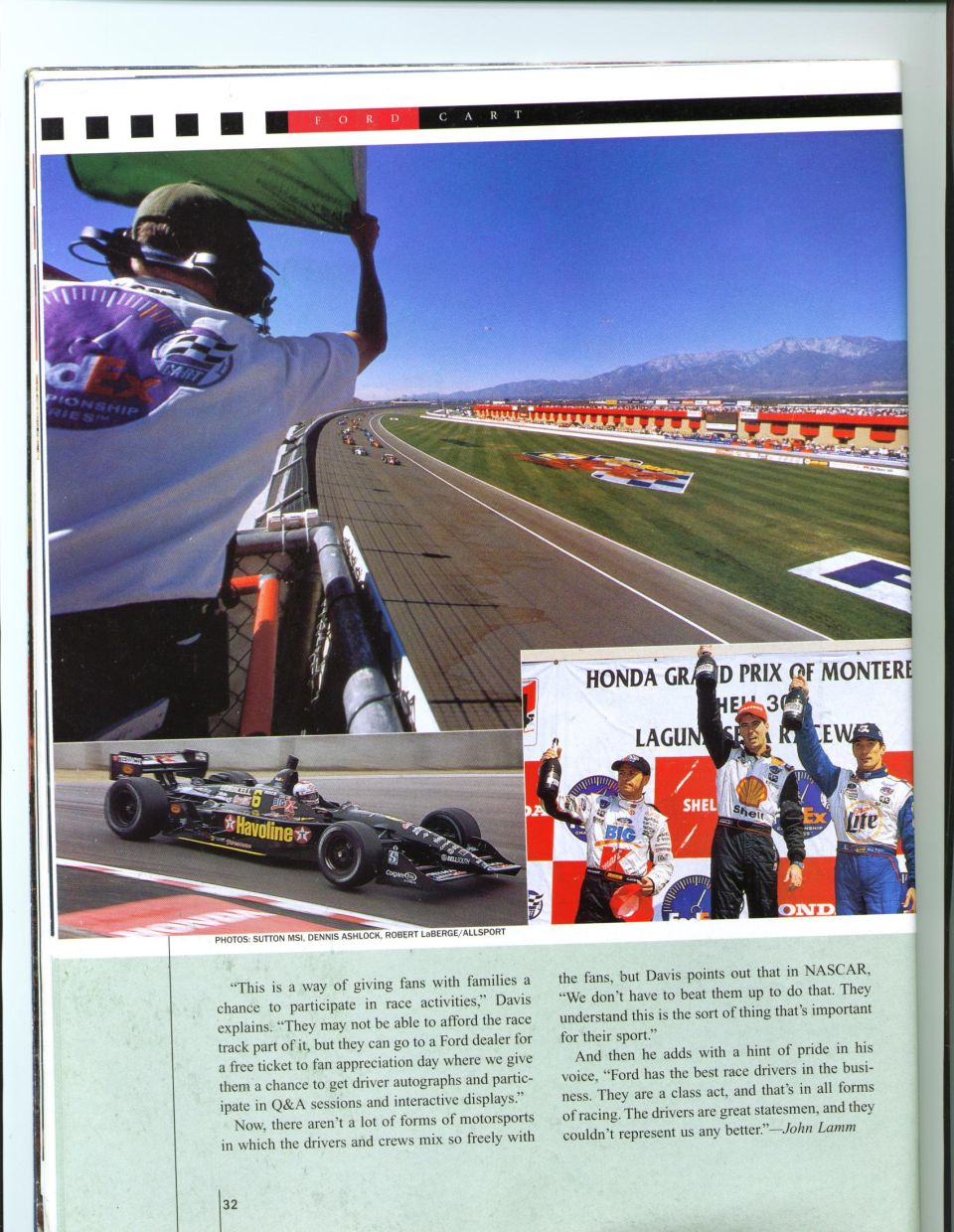 CART page with a flag marshal, an Indy car and a Laguna Seca podium photo