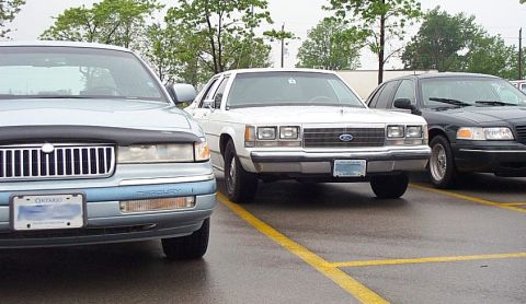 2001 Ford Crown Victoria - A white 2001 Ford Crown Victoria is parked in a lot next to other vehicles.