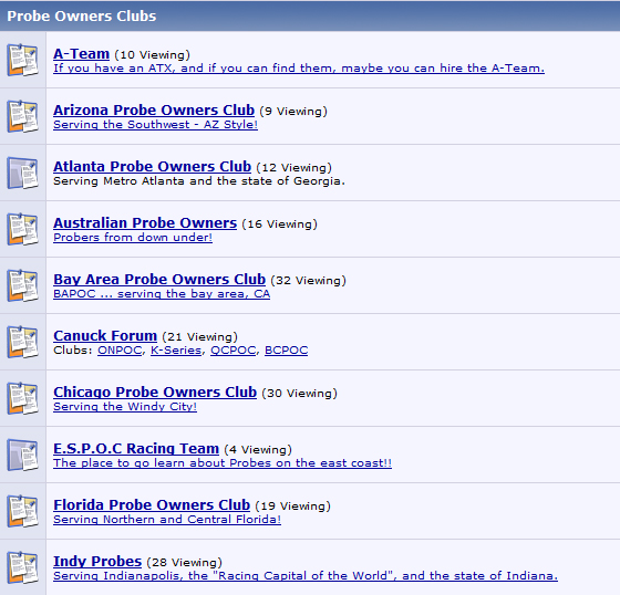 List of Probe Owners Clubs with club names and descriptions