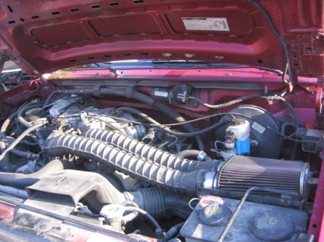 1995 Ford Bronco - The engine bay of a vehicle is shown with various hoses and components visible.