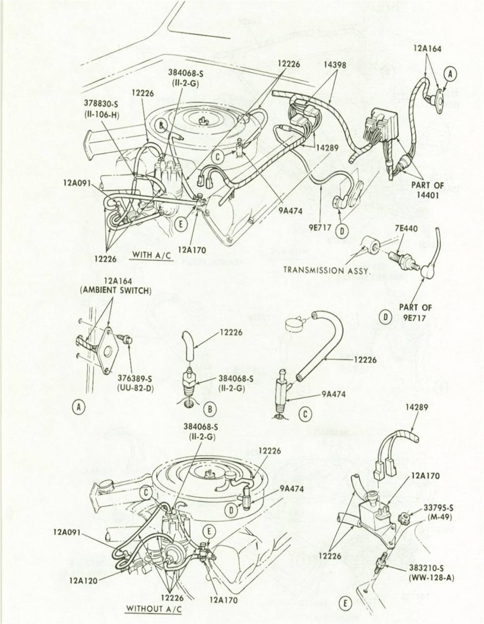 Ford engine vacuum hose routing line diagram with and without A/C