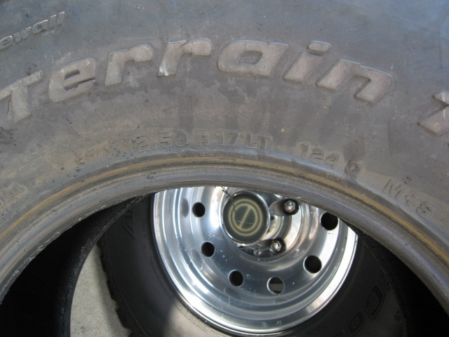 Close-up of a BFGoodrich All-Terrain T/A tire with a chrome wheel and center cap