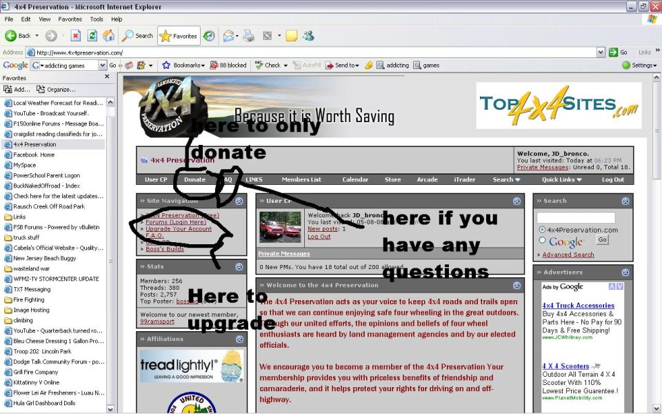 Screenshot of 4x4Preservation.com website with annotations