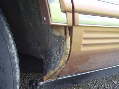 1996 Ford F-150 - The wheel well shows significant rust and damage, with the door panel exhibiting a horizontal ribbed design.