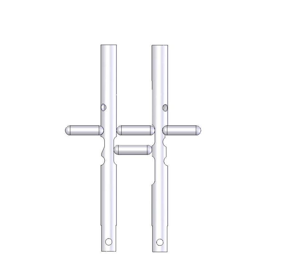 3D CAD render of two fabricated tube parts with tabs and notches, no labels