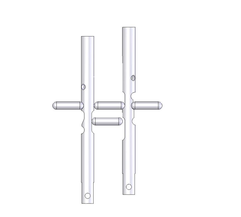 3D CAD render of two fabricated tube parts with tabs and notches, no labels