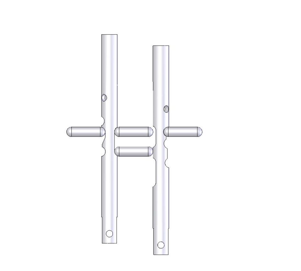 3D CAD render of two fabricated tube parts with tabs and notches, no labels