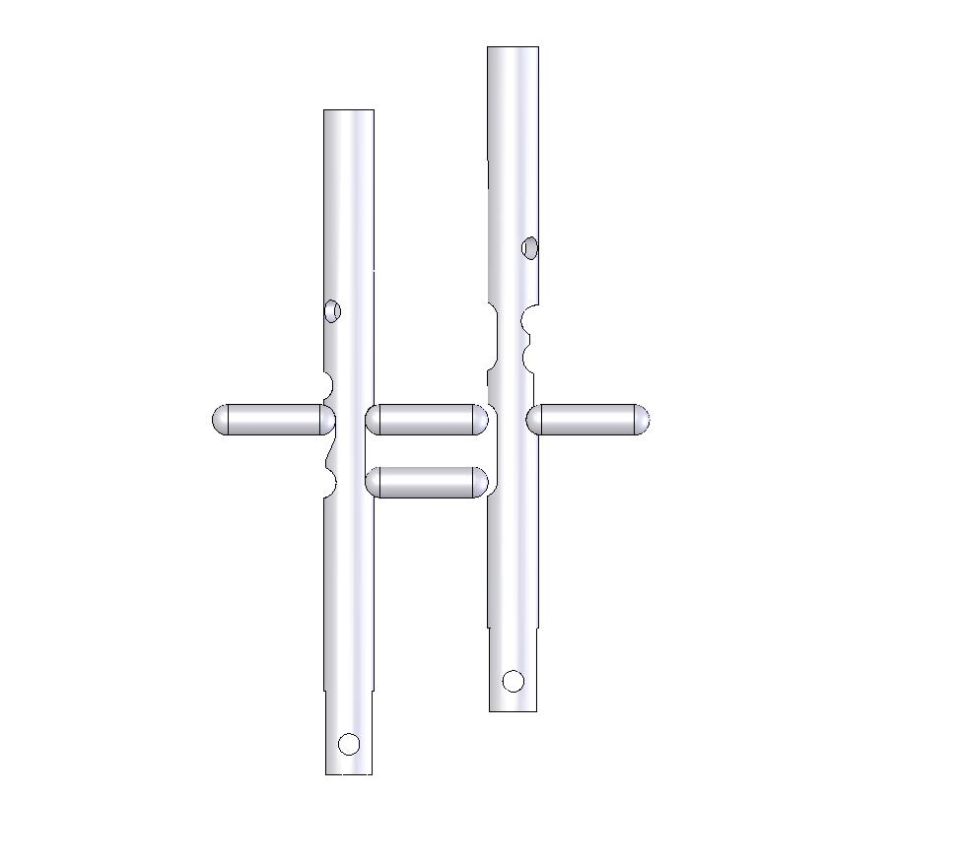 3D CAD render of two fabricated tube parts with tabs and notches, no labels