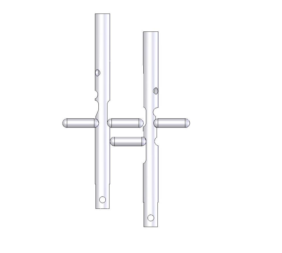 3D CAD render of two fabricated tube parts with tabs and notches, no labels