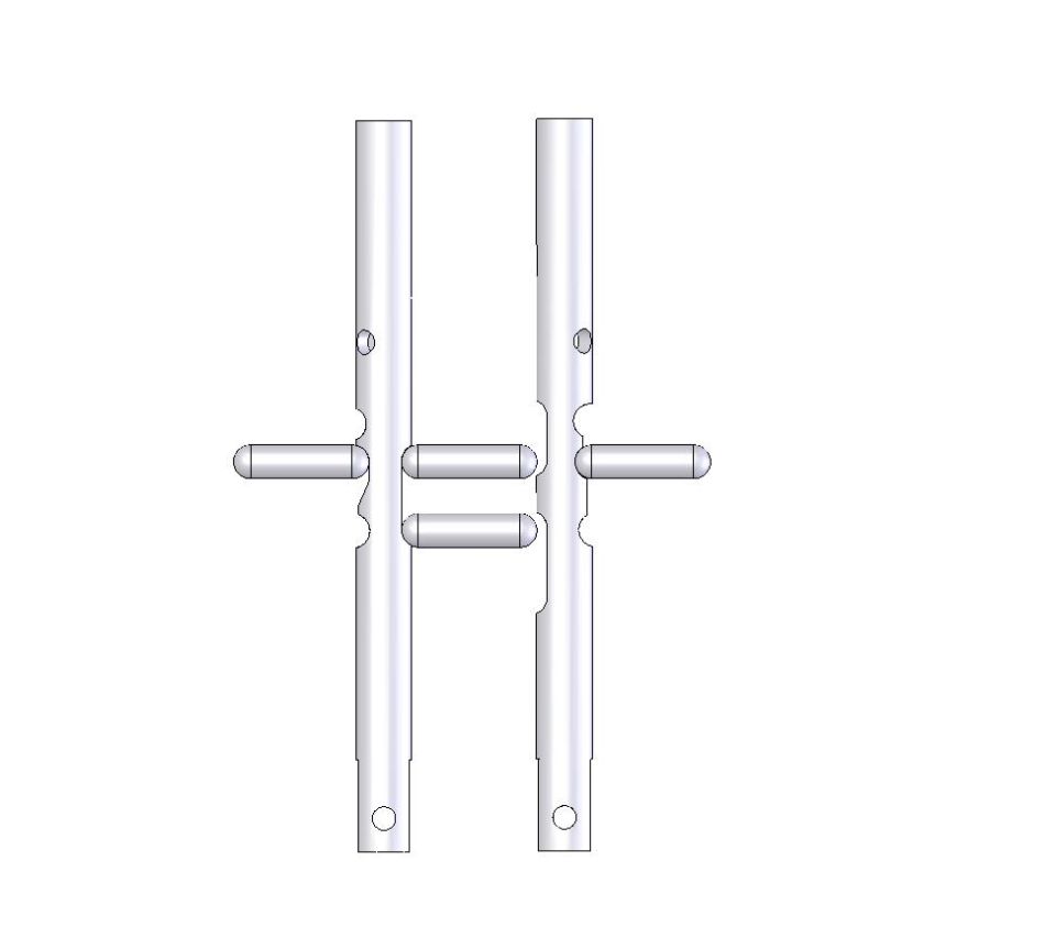3D CAD render of two fabricated tube parts with tabs and notches, no labels
