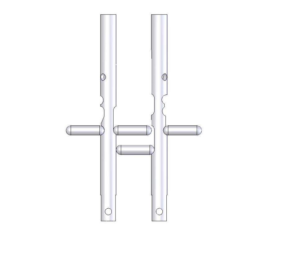 3D CAD render of two fabricated tube parts with tabs and notches, no labels