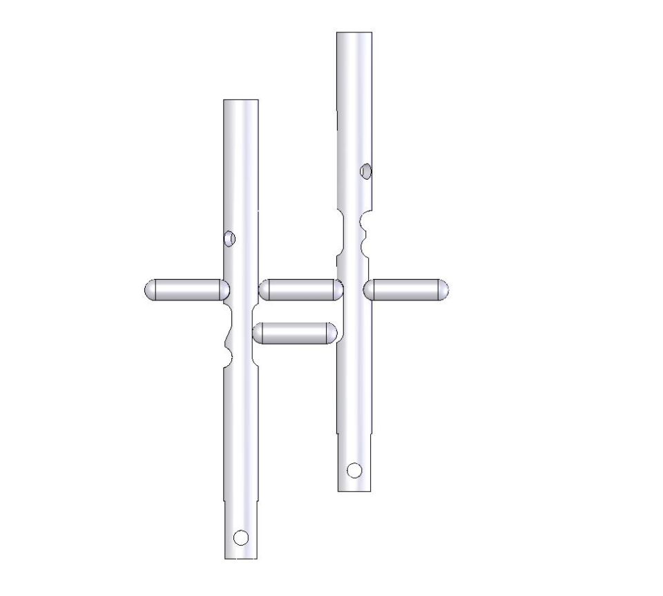 3D CAD render of two slotted shafts with cross pins, no labels or dimensions