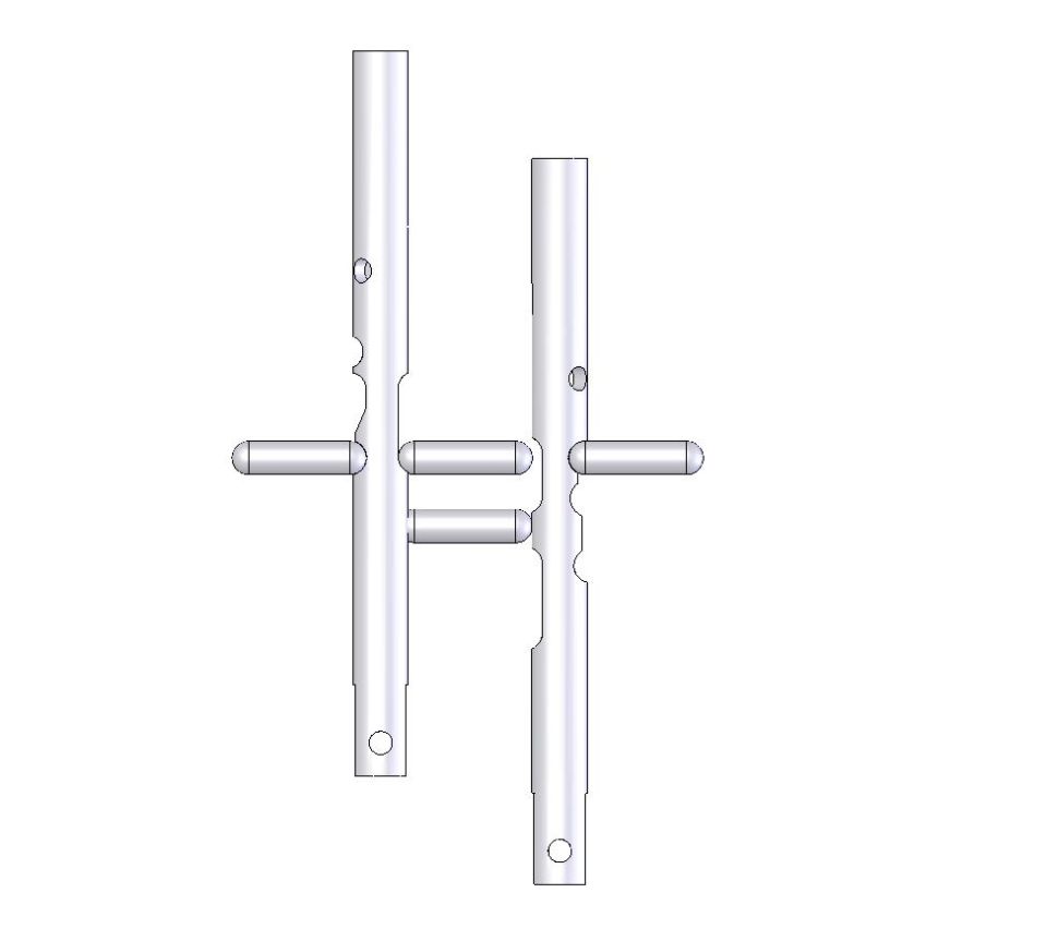 3D CAD render of two slotted shafts with cross pins, no labels or dimensions