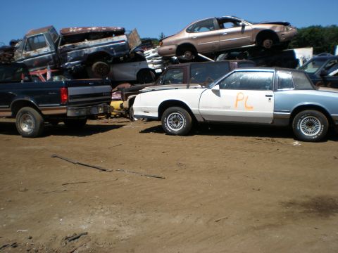 1995 Ford F-150 - A collection of vehicles sits in a junkyard under a clear blue sky.