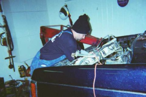 1988 Ford Bronco - Shane, getting the engine ready to come out.