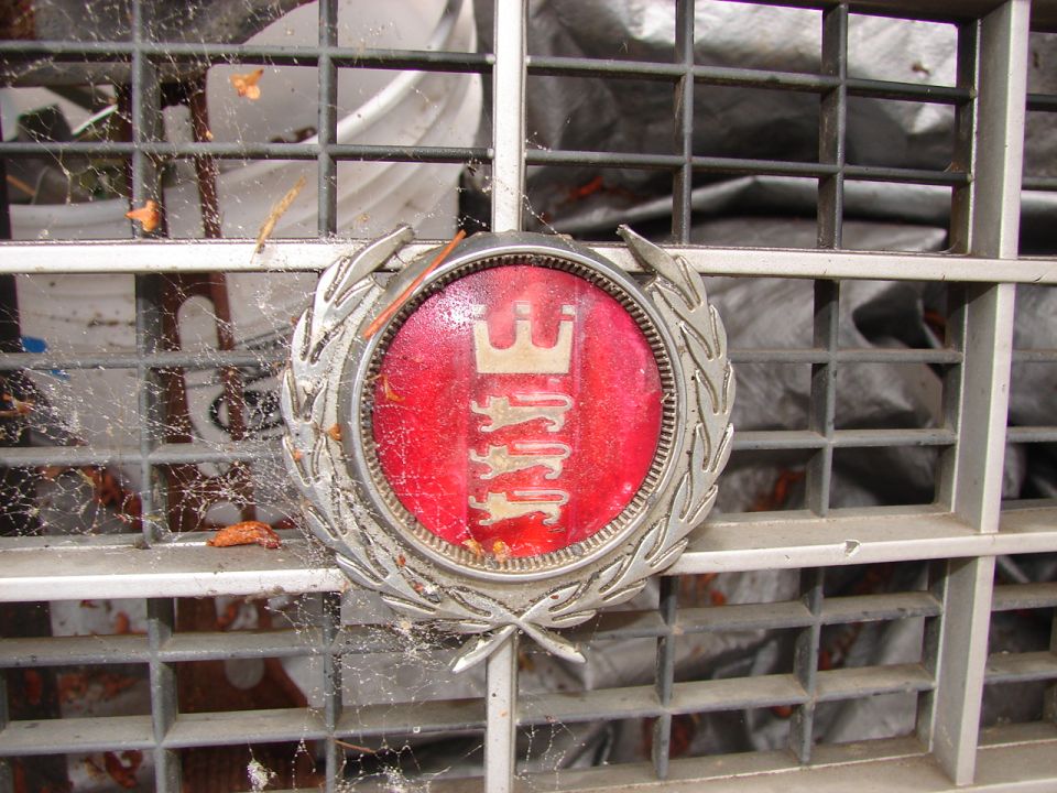 Vintage car emblem with lions on a red background, set in a silver laurel wreath on a silver grille.