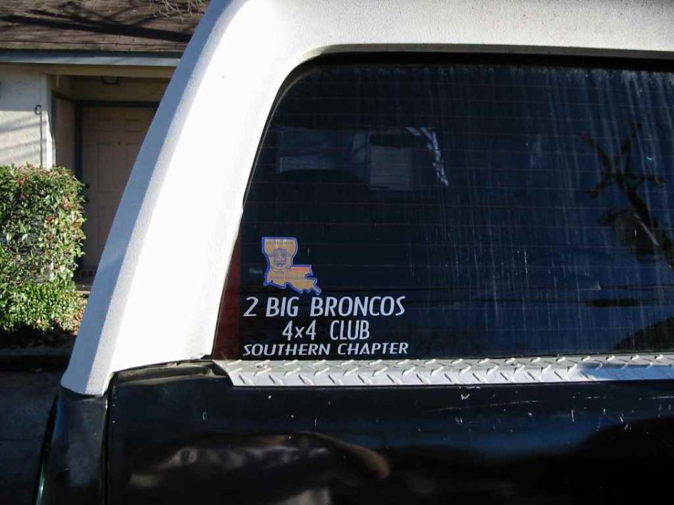 Rear window sticker for '2 BIG BRONCOS 4x4 CLUB SOUTHERN CHAPTER'