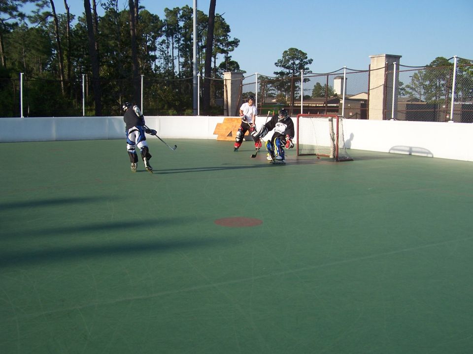 People playing roller hockey on a green court.