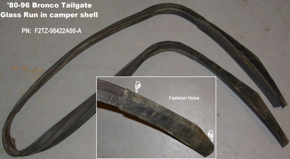 Glass Run F2TZ98422A00A

Some aftermarket versions are simply a continuous strip - they lack the formed corner pieces at each end.

Early ('80~90) Broncos use 4 philips screws; later trucks may have pushpins in the upper holes.