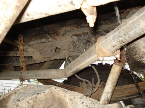 1981 Ford F-250 - Undercarriage view shows the frame, exhaust system, and leaf springs of a truck.