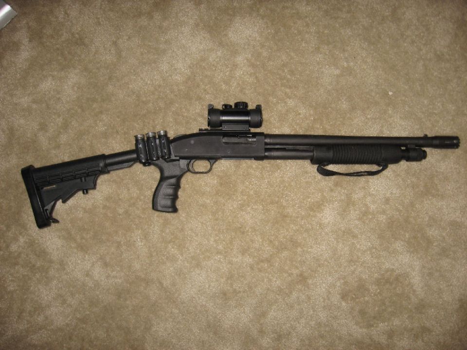 Mossberg 500 Tactical Cruiser, Pro-Mag collapsible stock, Tru-Glo red dot sight.