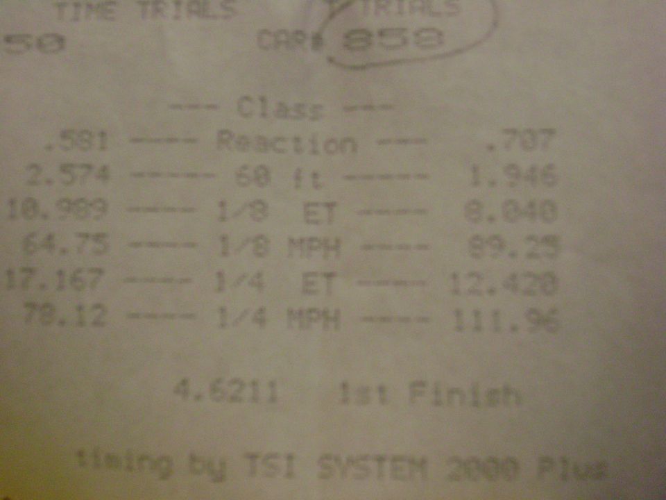 Drag racing time slip printout showing elapsed times and speeds