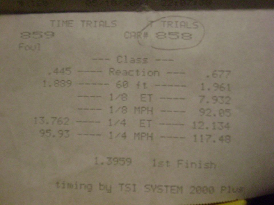Drag racing time slip showing car 858 running 12.134 at 117.48 mph in the quarter mile