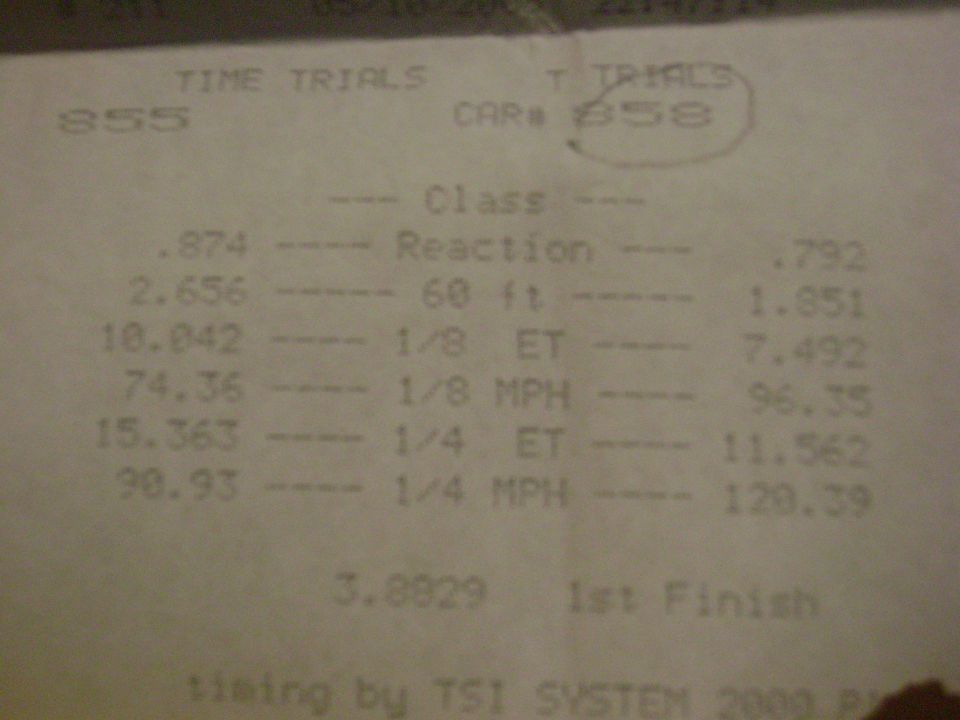 Drag racing time slip for car #858 showing 11.562 quarter-mile ET at 120.39 MPH, 1st finish
