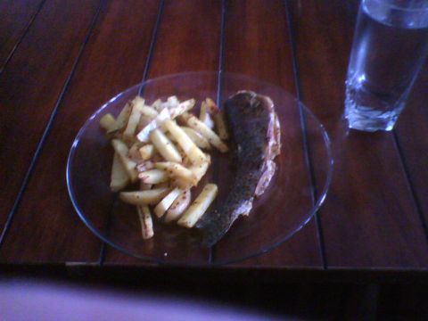 1993 Ford Bronco - A meal of french fries and a piece of fish is served on a plate next to a glass of water on a wooden table.