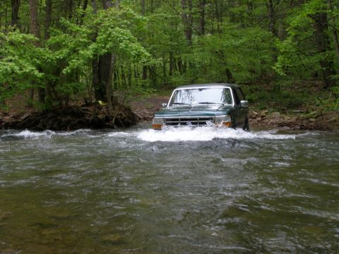 1993 Ford Bronco - A dark green Ford Bronco is driving through a shallow, rocky river surrounded by a dense forest.
