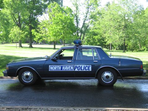1991 Ford LTD Crown Victoria - Side profile of a dark blue sedan marked North Haven Police with a roof beacon, parked on wet pavement amid green trees.