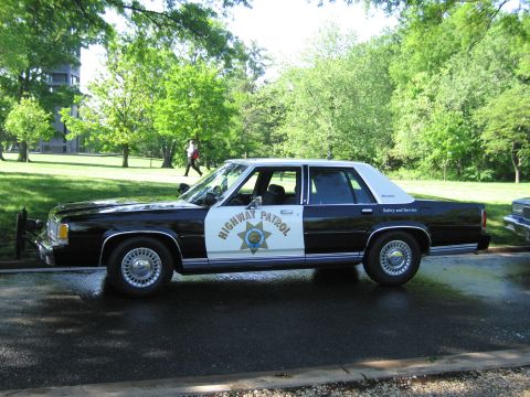 1991 Ford LTD Crown Victoria - Side view of a black-and-white Highway Patrol sedan with a star door shield, parked on wet pavement in a tree-filled park.