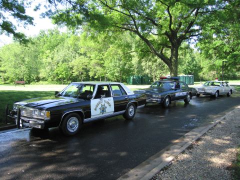 1991 Ford LTD Crown Victoria - Three vintage police cars including a black-and-white Highway Patrol sedan lined up on a wet road in a leafy park.