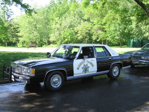 1991 Ford LTD Crown Victoria - Front three-quarter view of a black-and-white Highway Patrol sedan with star door shield parked on wet pavement in a park.
