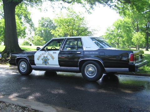 1991 Ford LTD Crown Victoria - Side profile of a black-and-white Highway Patrol sedan with star shield door marking parked under a large tree in a sunny park.
