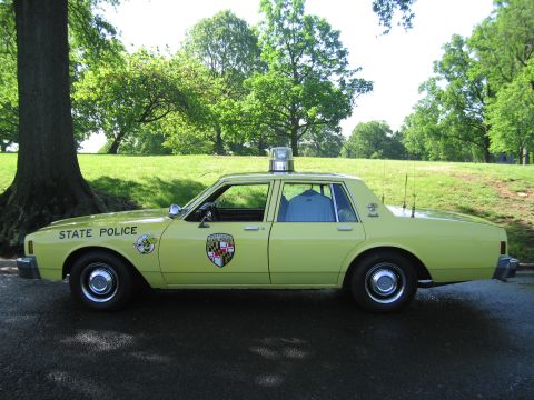 1991 Ford LTD Crown Victoria - Side view of a pale yellow State Police sedan with a round door emblem and roof beacon, parked under a tree in a green park.