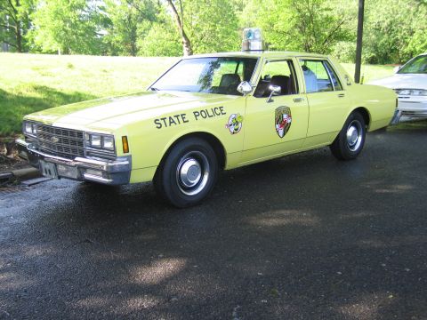 1991 Ford LTD Crown Victoria - Front three-quarter view of a pale yellow Chevrolet State Police sedan with round door shield and roof beacon parked in a park.