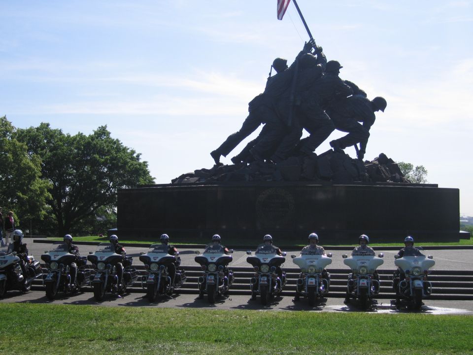 Police motorcycles lined up in front of the Iwo Jima Marine Corps Memorial