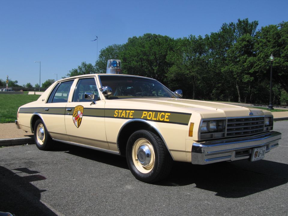 Tan State Police sedan with shield emblem and roof beacon