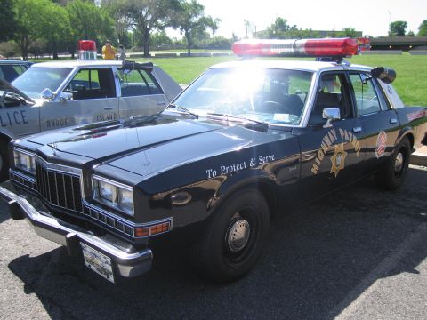 1991 Ford LTD Crown Victoria - black Highway Patrol sedan lettered 'To Protect & Serve' with a star door emblem and a red roof light bar in a parking lot.