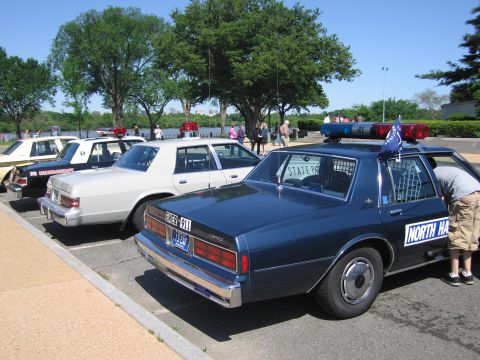 1991 Ford LTD Crown Victoria - dark blue police sedan with roof light bar and window cage parked beside white patrol cars near a waterfront, a person leaning in.