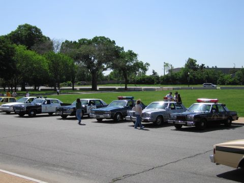 1991 Ford LTD Crown Victoria - lineup of vintage black-and-white and other police cars parked along a road beside a grassy field with people standing nearby.
