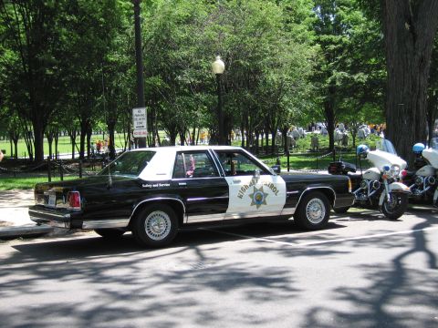 1991 Ford LTD Crown Victoria - black-and-white Highway Patrol Ford sedan with a star door emblem parked along a curb next to white police motorcycles in a park.