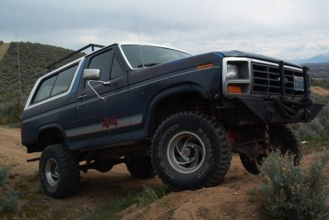 1986 Ford Bronco - This lifted Ford Bronco features a dark blue body with a white roof and prominent off-road tires.
