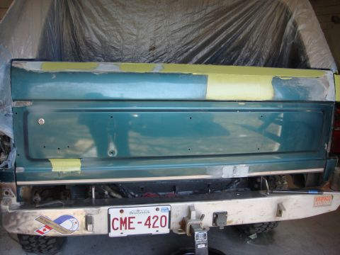 1996 Ford Bronco - This 1996 Ford Bronco's rear is undergoing bodywork, with a Brunswick license plate visible.