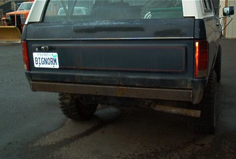 1986 Ford Bronco - Rear view of a 1986 Ford Bronco, showing a custom bumper and a Nevada license plate.