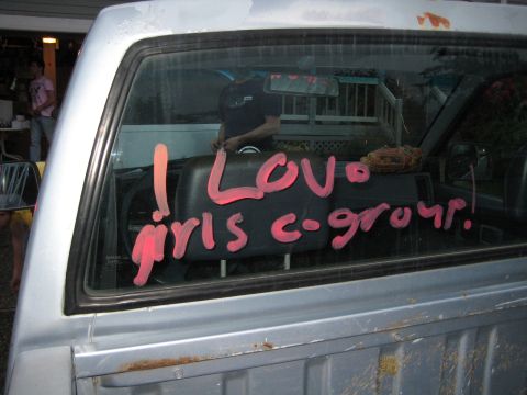1980 Ford Bronco - Pink writing on the rear window of a pickup truck reads "I LOVE girls c-group!"