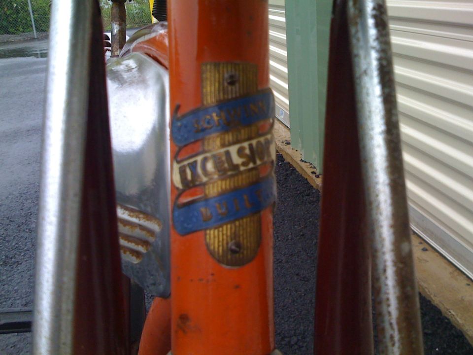 Orange frame head tube with gold/blue Schwinn Excelsior Built badge, outdoors