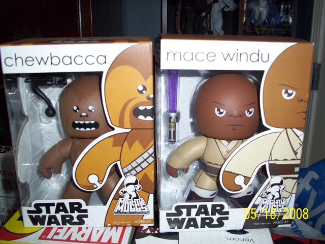 Star Wars Mighty Muggs Chewbacca and Mace Windu action figures in boxes