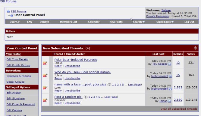 Screenshot of a forum user control panel page showing subscribed threads and navigation links.